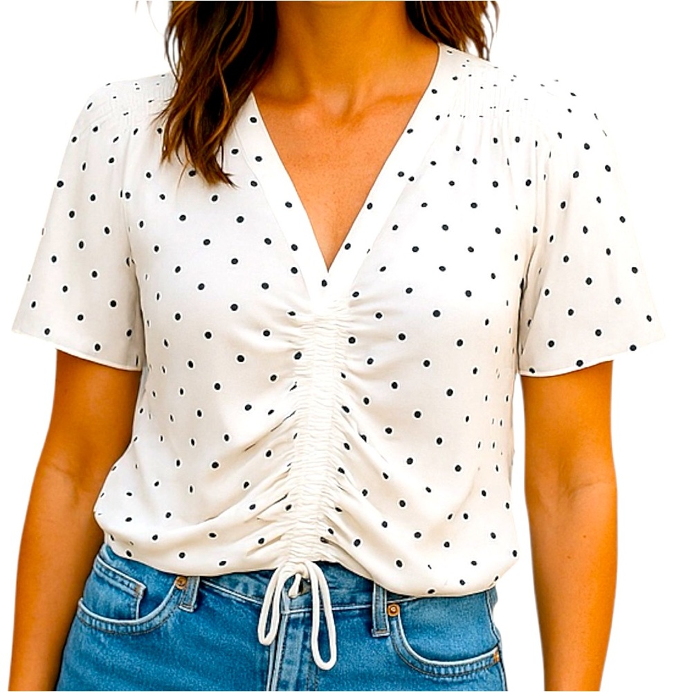 Adrianna Papell Sz L White With Black Dots Cinched Front Center | NWT
￼
